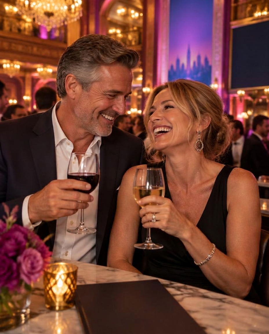 A couple in their 50s at a theatre bar before the show